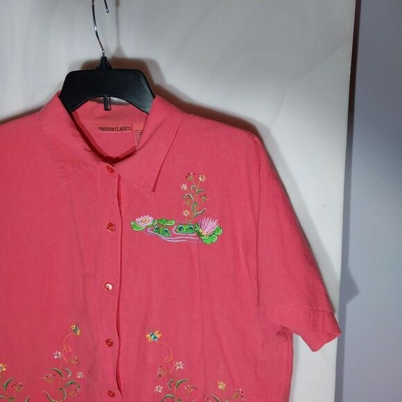 VTG Button Up Top XL Pink Embroidered Beaded Frogs Grandmacore Cottagecore Boho - Picture 5 of 11